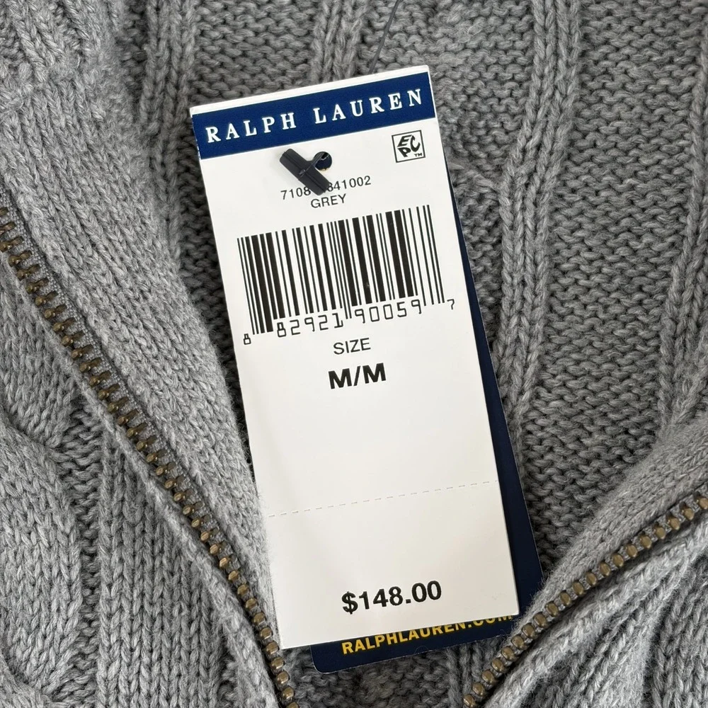 Polo Ralph Lauren Cable-Knit‎ Cotton Quarter-Zip Sweater in Grey Men Medium NWT